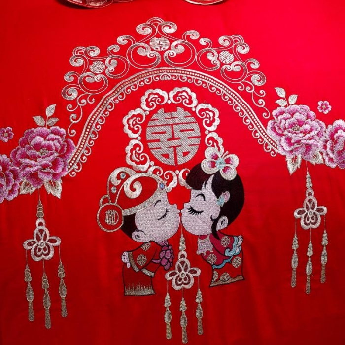 91家纺网 家纺一手货源 找家纺 布乐意 2025新款全棉绣花大红婚庆四件套多件套直播美满婚姻