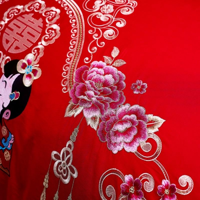 91家纺网 家纺一手货源 找家纺 布乐意 2025新款全棉绣花大红婚庆四件套多件套直播美满婚姻