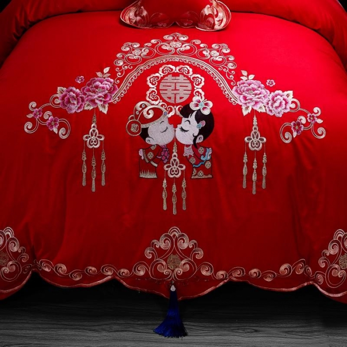 91家纺网 家纺一手货源 找家纺 布乐意 2025新款全棉绣花大红婚庆四件套多件套直播美满婚姻