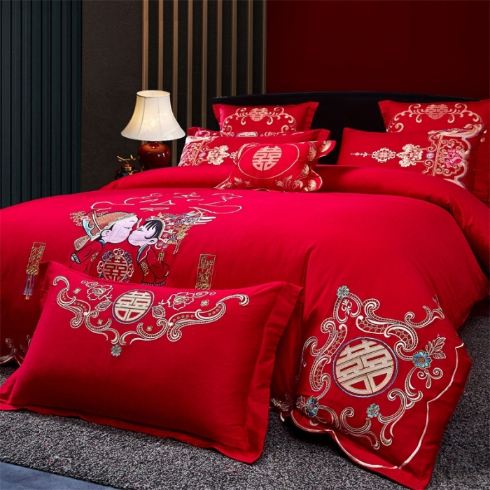 91家纺网 家纺一手货源 找家纺 布乐意 2025新款全棉绣花大红婚庆四件套多件套直播相亲相爱