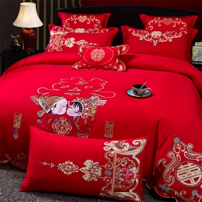 91家纺网 家纺一手货源 找家纺 布乐意 2025新款全棉绣花大红婚庆四件套多件套直播相亲相爱