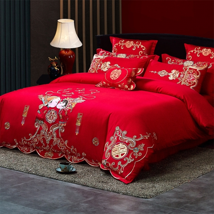 91家纺网 家纺一手货源 找家纺 布乐意 2025新款全棉绣花大红婚庆四件套多件套直播相亲相爱