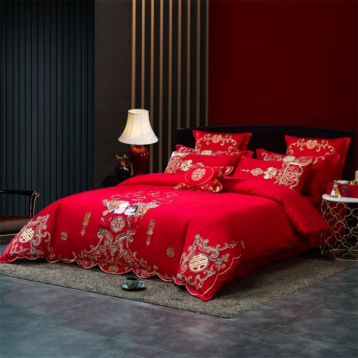 91家纺网 家纺一手货源 找家纺 布乐意 2025新款全棉绣花大红婚庆四件套多件套直播相亲相爱