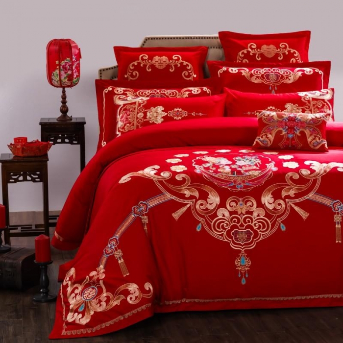 91家纺网 家纺一手货源 找家纺 布乐意 2025新款全棉绣花大红婚庆四件套多件套直播相伴一生