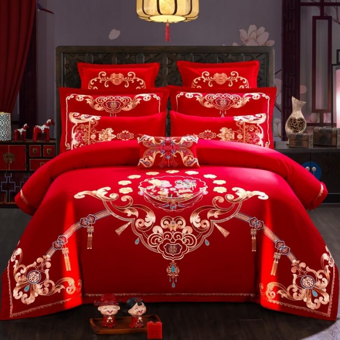 91家纺网 家纺一手货源 找家纺 布乐意 2025新款全棉绣花大红婚庆四件套多件套直播相伴一生
