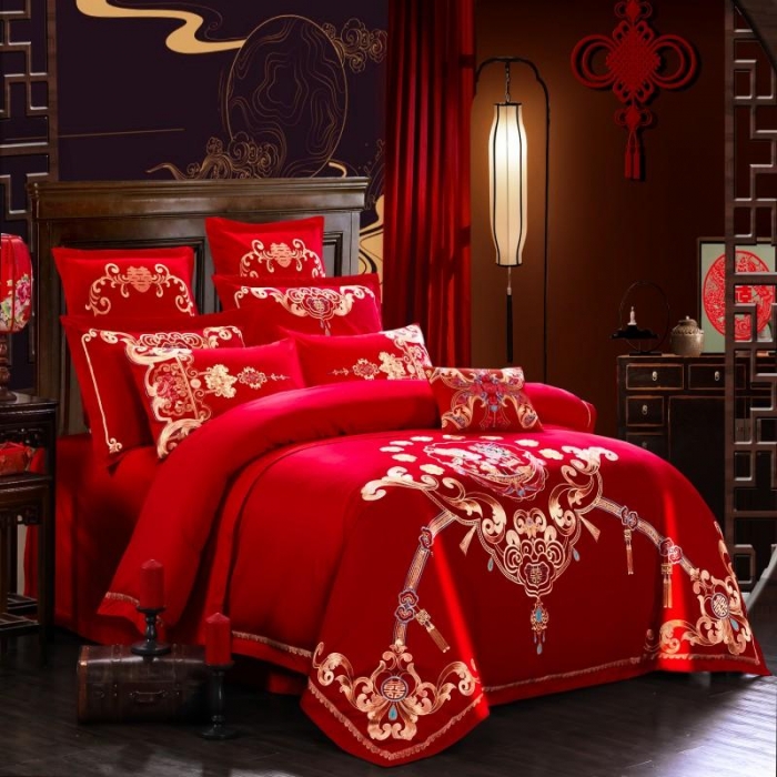 91家纺网 家纺一手货源 找家纺 布乐意 2025新款全棉绣花大红婚庆四件套多件套直播相伴一生
