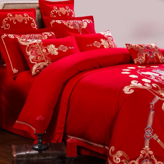 91家纺网 家纺一手货源 找家纺 布乐意 2025新款全棉绣花大红婚庆四件套多件套直播相伴一生