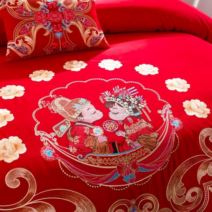 91家纺网 家纺一手货源 找家纺 布乐意 2025新款全棉绣花大红婚庆四件套多件套直播相伴一生