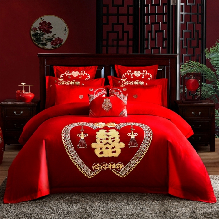 91家纺网 家纺一手货源 找家纺 布乐意 2025新款全棉绣花大红婚庆四件套多件套直播心心相印