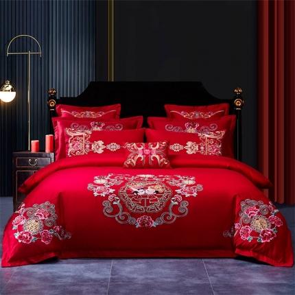 布乐意 2025新款全棉绣花大红婚庆四件套多件套直播永结同心