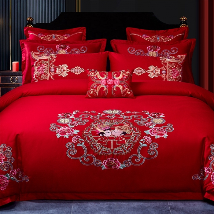 91家纺网 家纺一手货源 找家纺 布乐意 2025新款全棉绣花大红婚庆四件套多件套直播永结同心
