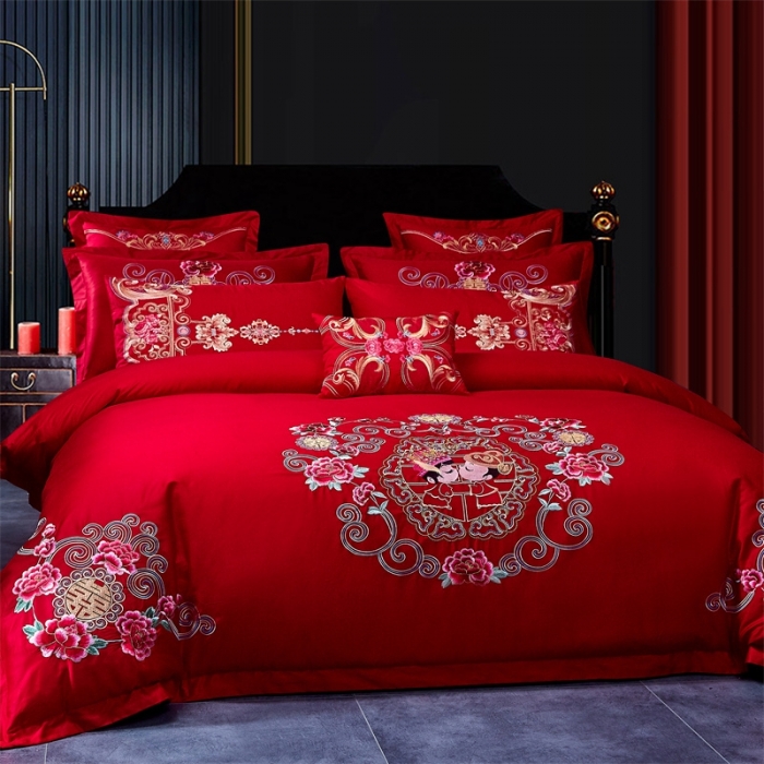 91家纺网 家纺一手货源 找家纺 布乐意 2025新款全棉绣花大红婚庆四件套多件套直播永结同心
