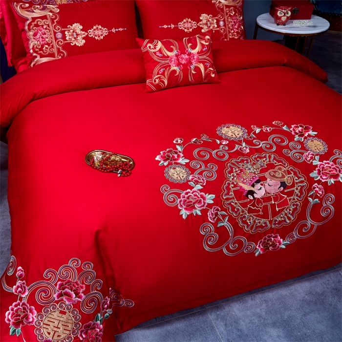 91家纺网 家纺一手货源 找家纺 布乐意 2025新款全棉绣花大红婚庆四件套多件套直播永结同心