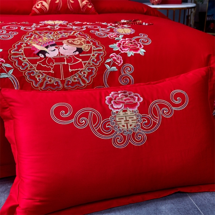 91家纺网 家纺一手货源 找家纺 布乐意 2025新款全棉绣花大红婚庆四件套多件套直播永结同心
