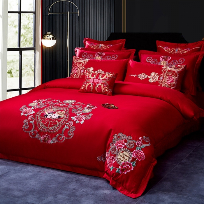 91家纺网 家纺一手货源 找家纺 布乐意 2025新款全棉绣花大红婚庆四件套多件套直播永结同心