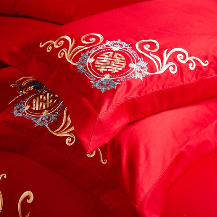 91家纺网 家纺一手货源 找家纺 布乐意 2025新款全棉绣花大红婚庆四件套多件套直播百年永好