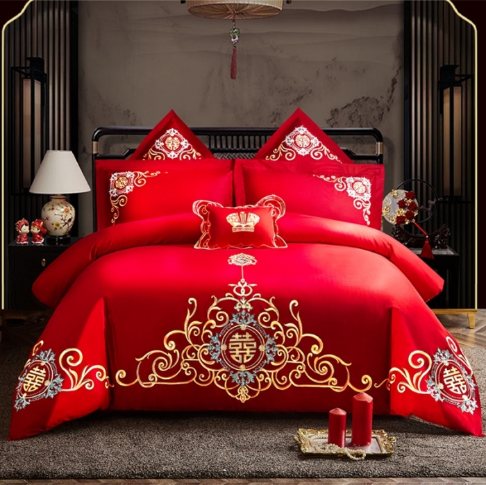 91家纺网 家纺一手货源 找家纺 布乐意 2025新款全棉绣花大红婚庆四件套多件套直播百年永好