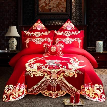 布乐意 2025新款全棉绣花大红婚庆四件套多件套直播龙凤报喜