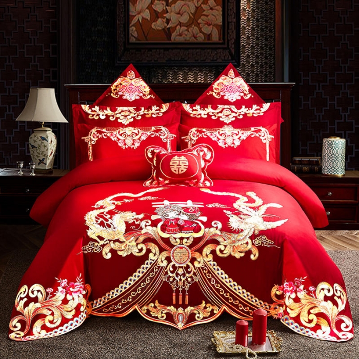 91家纺网 家纺一手货源 找家纺 布乐意 2025新款全棉绣花大红婚庆四件套多件套直播龙凤报喜