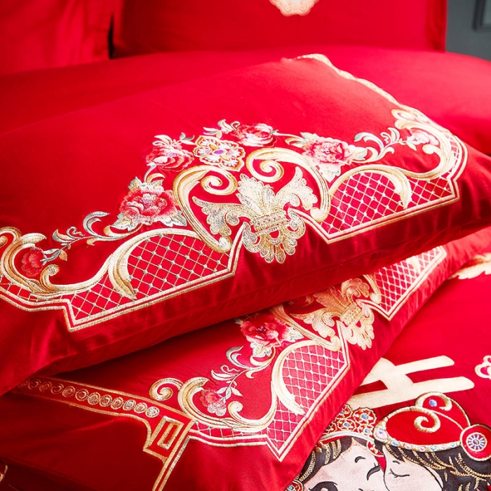 91家纺网 家纺一手货源 找家纺 布乐意 2025新款全棉绣花大红婚庆四件套多件套直播龙凤报喜
