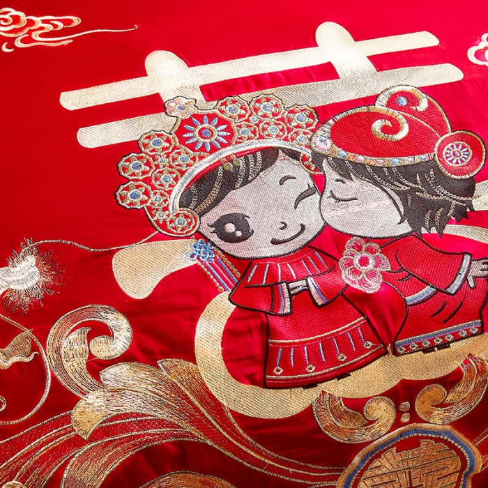 91家纺网 家纺一手货源 找家纺 布乐意 2025新款全棉绣花大红婚庆四件套多件套直播龙凤报喜