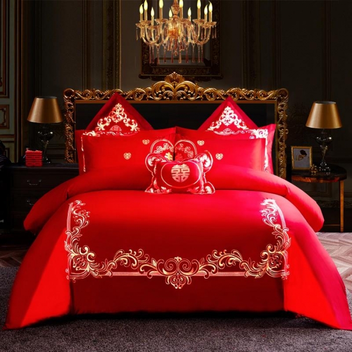 91家纺网 家纺一手货源 找家纺 布乐意 2025新款全棉绣花大红婚庆四件套多件套直播美好时光