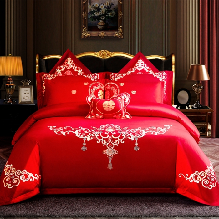 91家纺网 家纺一手货源 找家纺 布乐意 2025新款全棉绣花大红婚庆四件套多件套直播天生一对