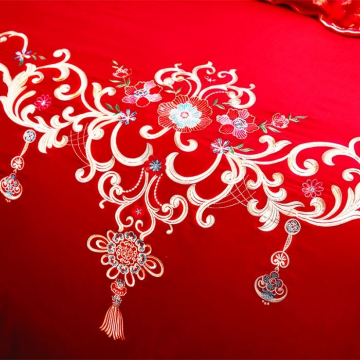 91家纺网 家纺一手货源 找家纺 布乐意 2025新款全棉绣花大红婚庆四件套多件套直播天生一对