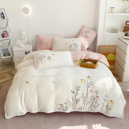 91家纺网 家纺一手货源 找家纺 （总）懒猫 2021新款高克重牛奶绒绣花四件套