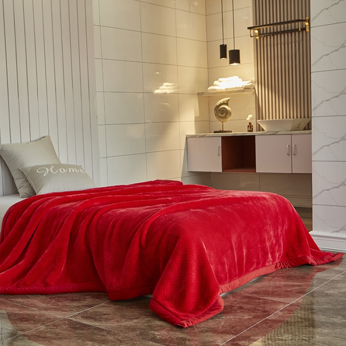 91家纺网 家纺一手货源 找家纺 凯轩毛毛毯毯子 2024新款精品韩素云毛毯毯子 喜庆红