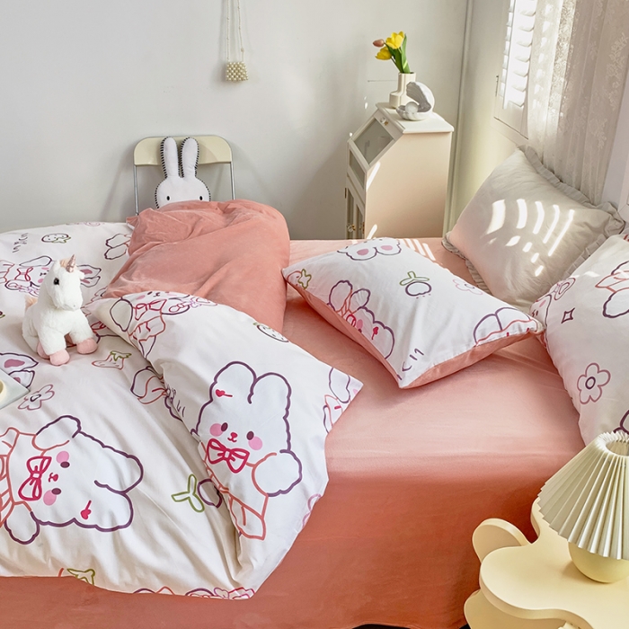 91家纺网 家纺一手货源 找家纺 怡家居 2021新款AB版棉加绒四件套卡通系列 粉粉兔