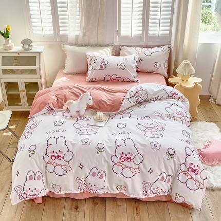 怡家居 2021新款AB版棉加绒四件套卡通系列 粉粉兔