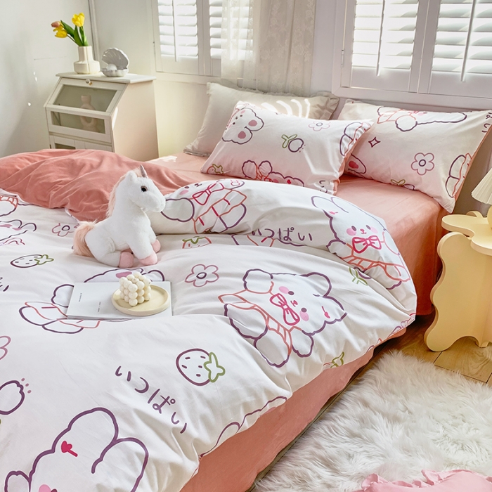 91家纺网 家纺一手货源 找家纺 怡家居 2021新款AB版棉加绒四件套卡通系列 粉粉兔