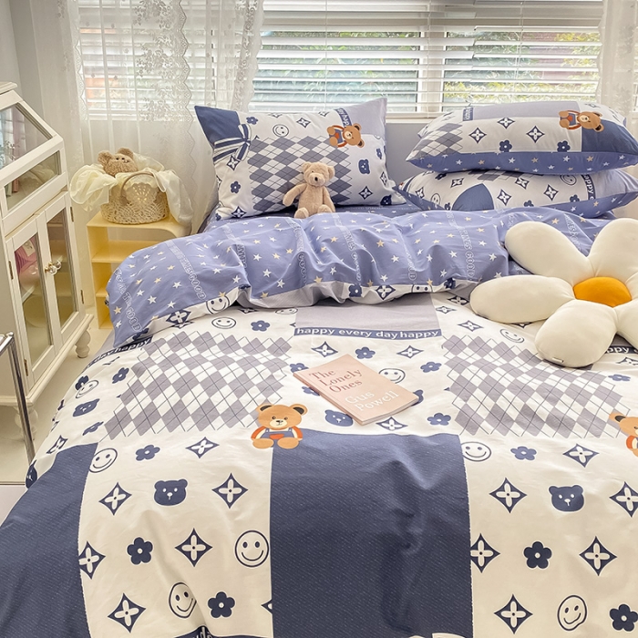 91家纺网 家纺一手货源 找家纺 曼之夏 2022新款全棉清新印花四件套 蓝陌陌