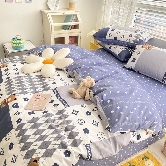 91家纺网 家纺一手货源 找家纺 曼之夏 2022新款全棉清新印花四件套 蓝陌陌