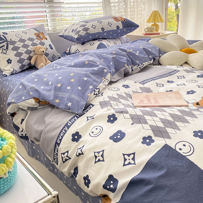 91家纺网 家纺一手货源 找家纺 曼之夏 2022新款全棉清新印花四件套 蓝陌陌