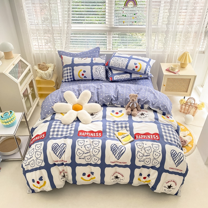 91家纺网 家纺一手货源 找家纺 曼之夏 2022新款全棉清新印花四件套 心熊乐乐格