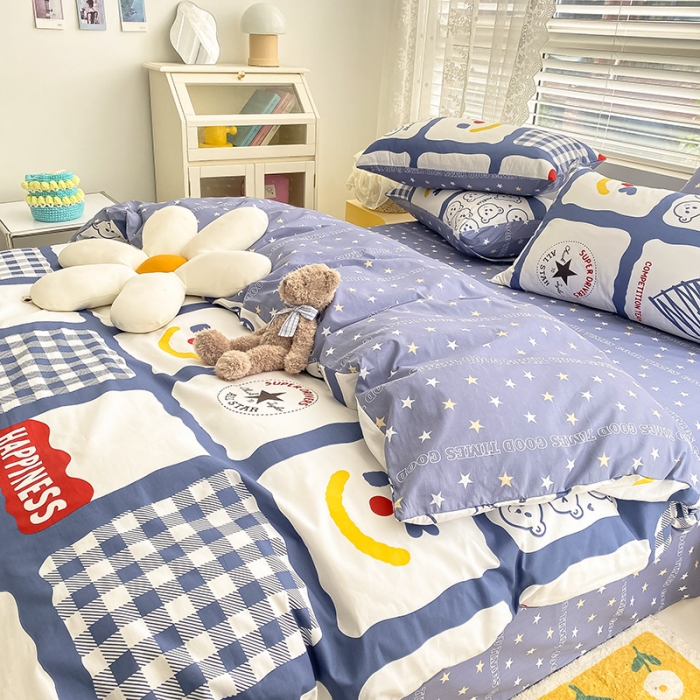 91家纺网 家纺一手货源 找家纺 曼之夏 2022新款全棉清新印花四件套 心熊乐乐格