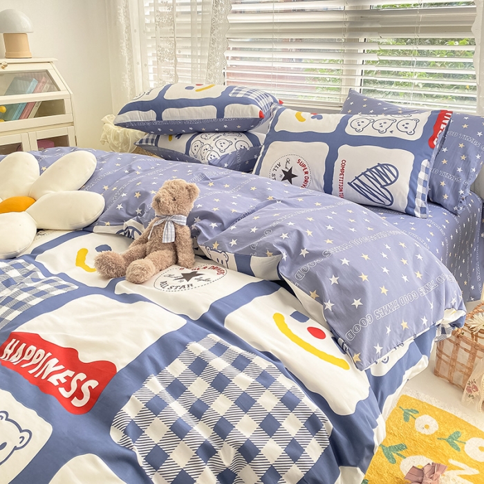 91家纺网 家纺一手货源 找家纺 曼之夏 2022新款全棉清新印花四件套 心熊乐乐格