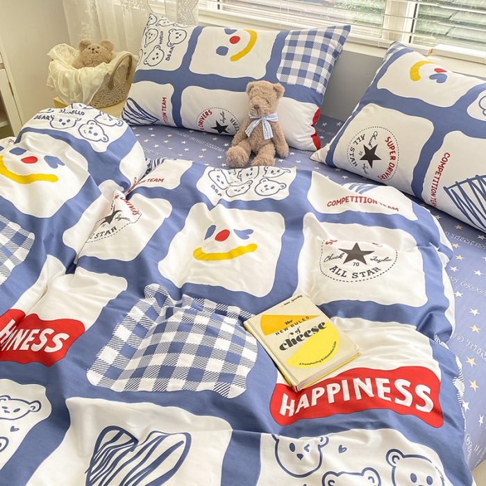 91家纺网 家纺一手货源 找家纺 曼之夏 2022新款全棉清新印花四件套 心熊乐乐格