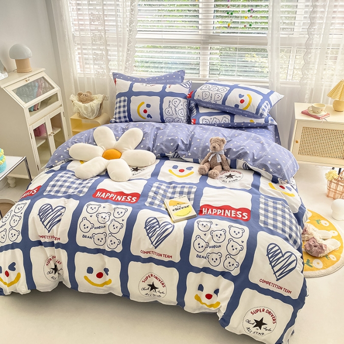 91家纺网 家纺一手货源 找家纺 曼之夏 2022新款全棉清新印花四件套 心熊乐乐格