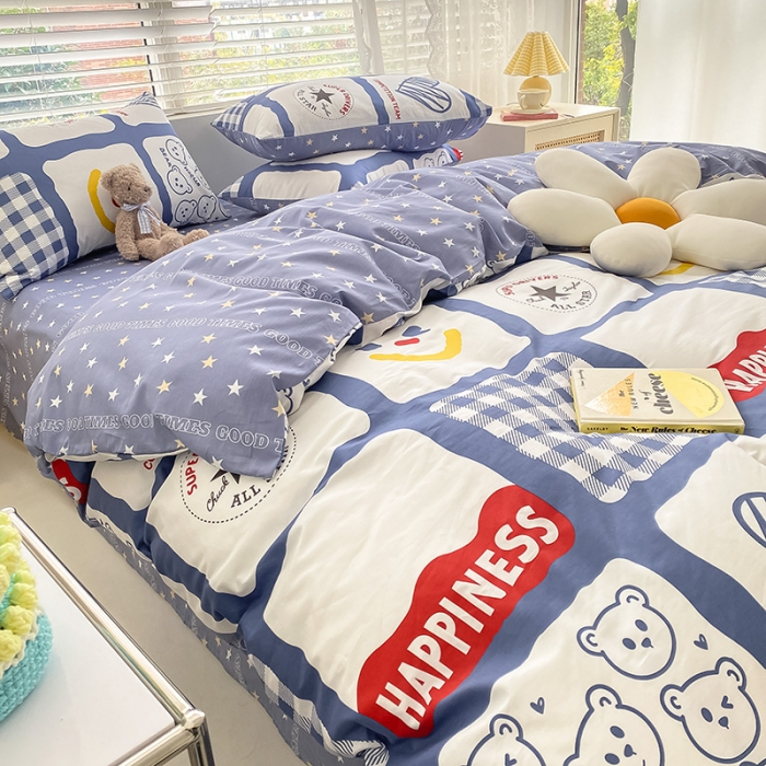 91家纺网 家纺一手货源 找家纺 曼之夏 2022新款全棉清新印花四件套 心熊乐乐格