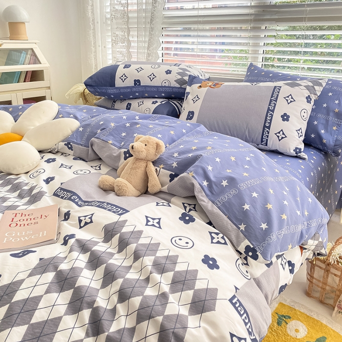 91家纺网 家纺一手货源 找家纺 曼之夏 2022新款全棉清新印花四件套 蓝陌陌