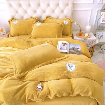 91家纺网 家纺一手货源 找家纺 苏拉家居 2021新款牛奶绒婴儿绒贴布刺绣四件套 心愿-黄