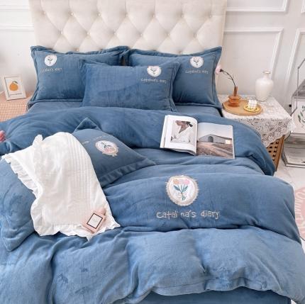 91家纺网 家纺一手货源 找家纺 苏拉家居 2021新款牛奶绒婴儿绒贴布刺绣四件套 心愿-蓝色