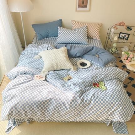 91家纺网 家纺一手货源 找家纺 （总）卡巴伦 2023春夏正反两用全棉水洗棉棋盘格四件套-门市图