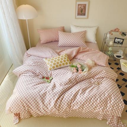 91家纺网 家纺一手货源 找家纺 （总）卡巴伦 2023春夏正反两用全棉水洗棉棋盘格四件套-门市图