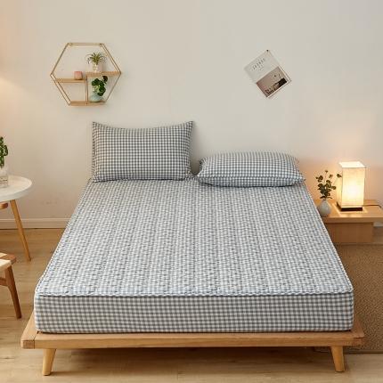 91家纺网 家纺一手货源 找家纺 爱喔 2021新款日式良品A类全棉色织水洗棉夹棉床笠 蓝小格