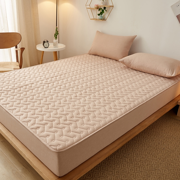 91家纺网 家纺一手货源 找家纺 爱喔 2021新款日式良品A类全棉色织水洗棉夹棉床笠 浅咖