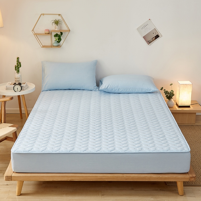 91家纺网 家纺一手货源 找家纺 爱喔 2021新款日式良品A类全棉色织水洗棉夹棉床笠 天空蓝